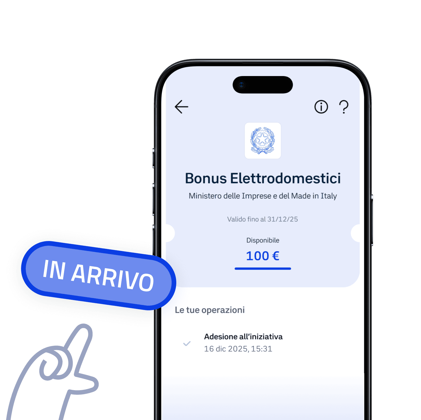 Immagine di un telefono con la schermata di IO che mostra il Bonus Elettrodomestici e un dito che indica il testo in arrivo