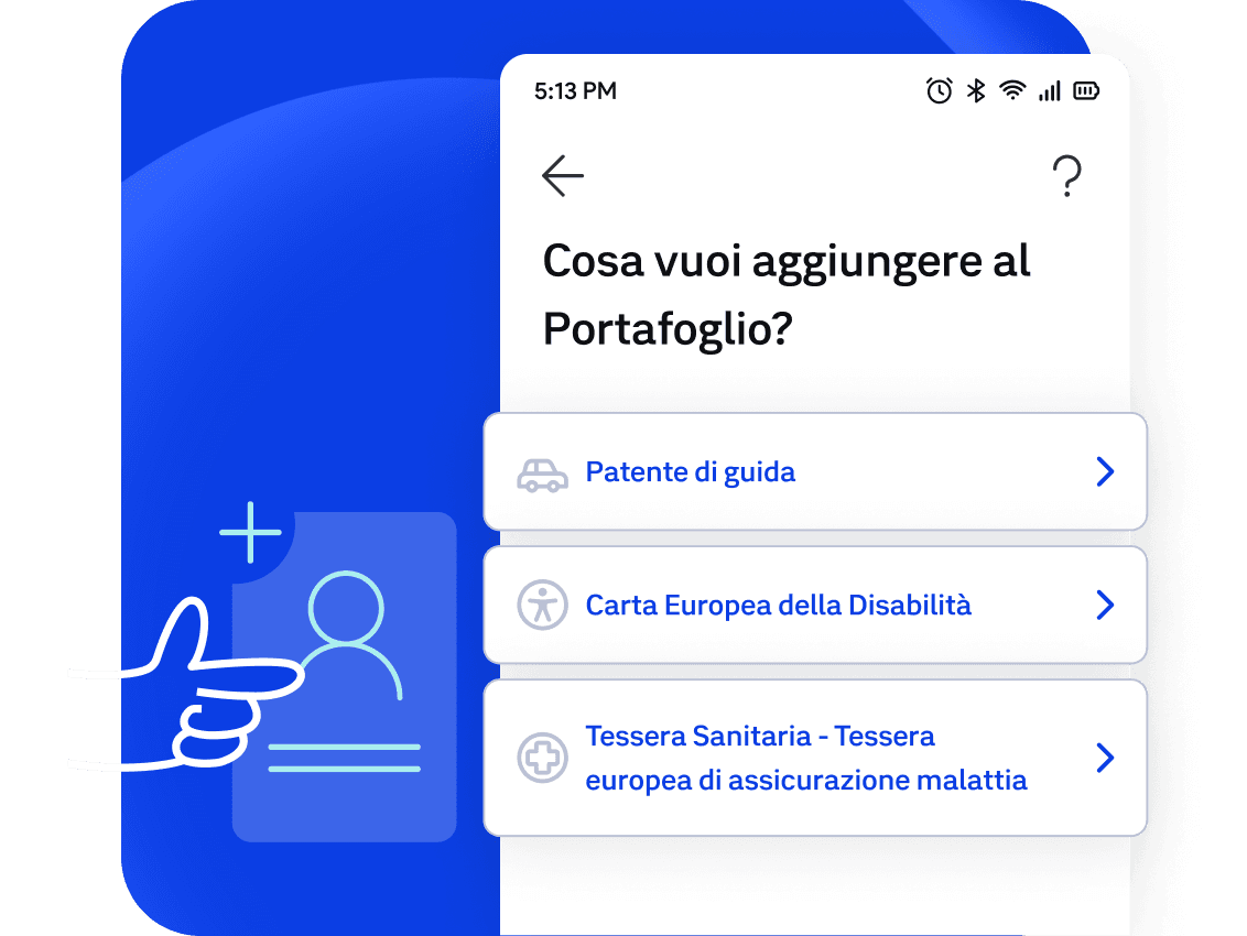 Telefono che mostra i documenti digitali che si possono aggiungere in app
