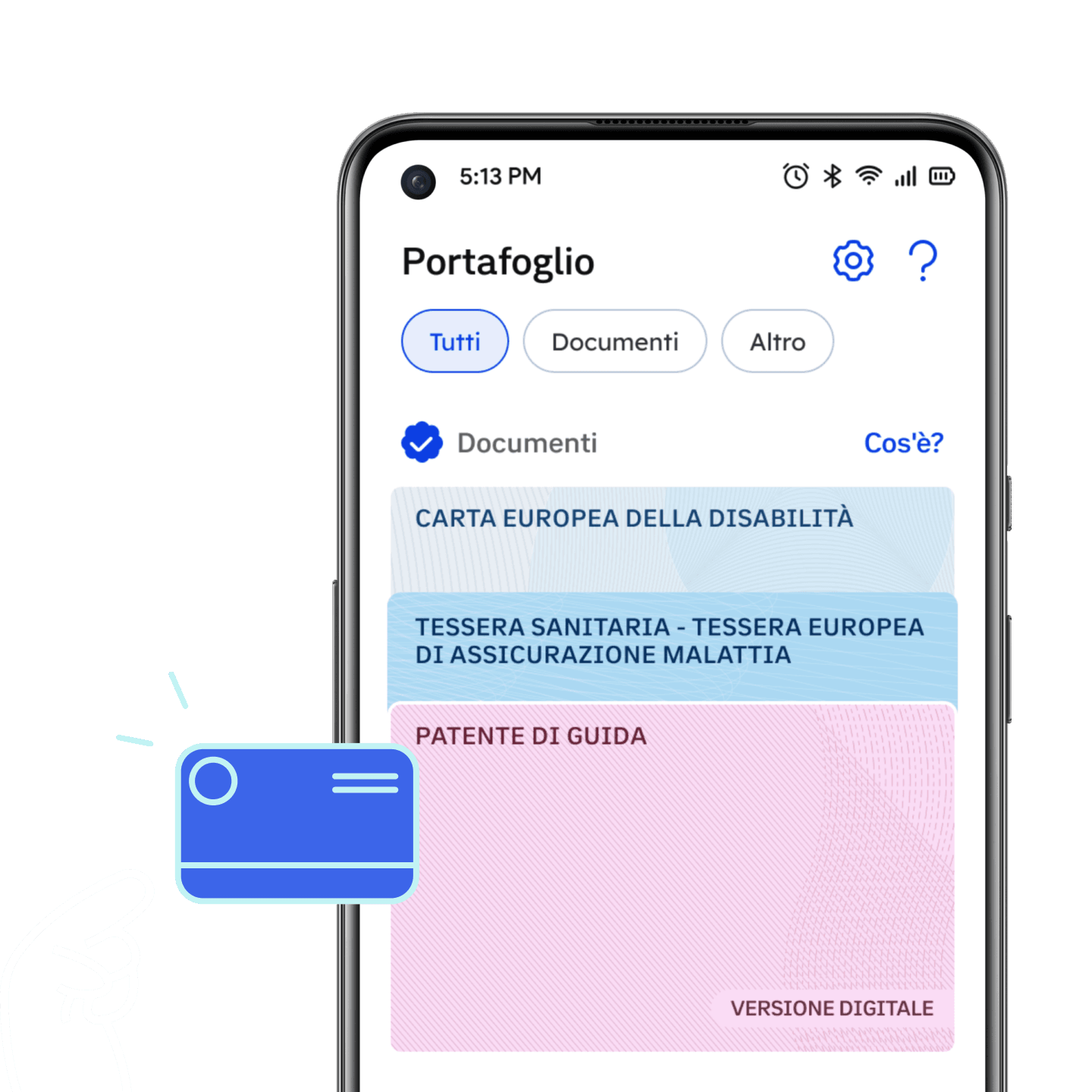 Telefono che mostra il portafoglio dell'app con i documenti digitali