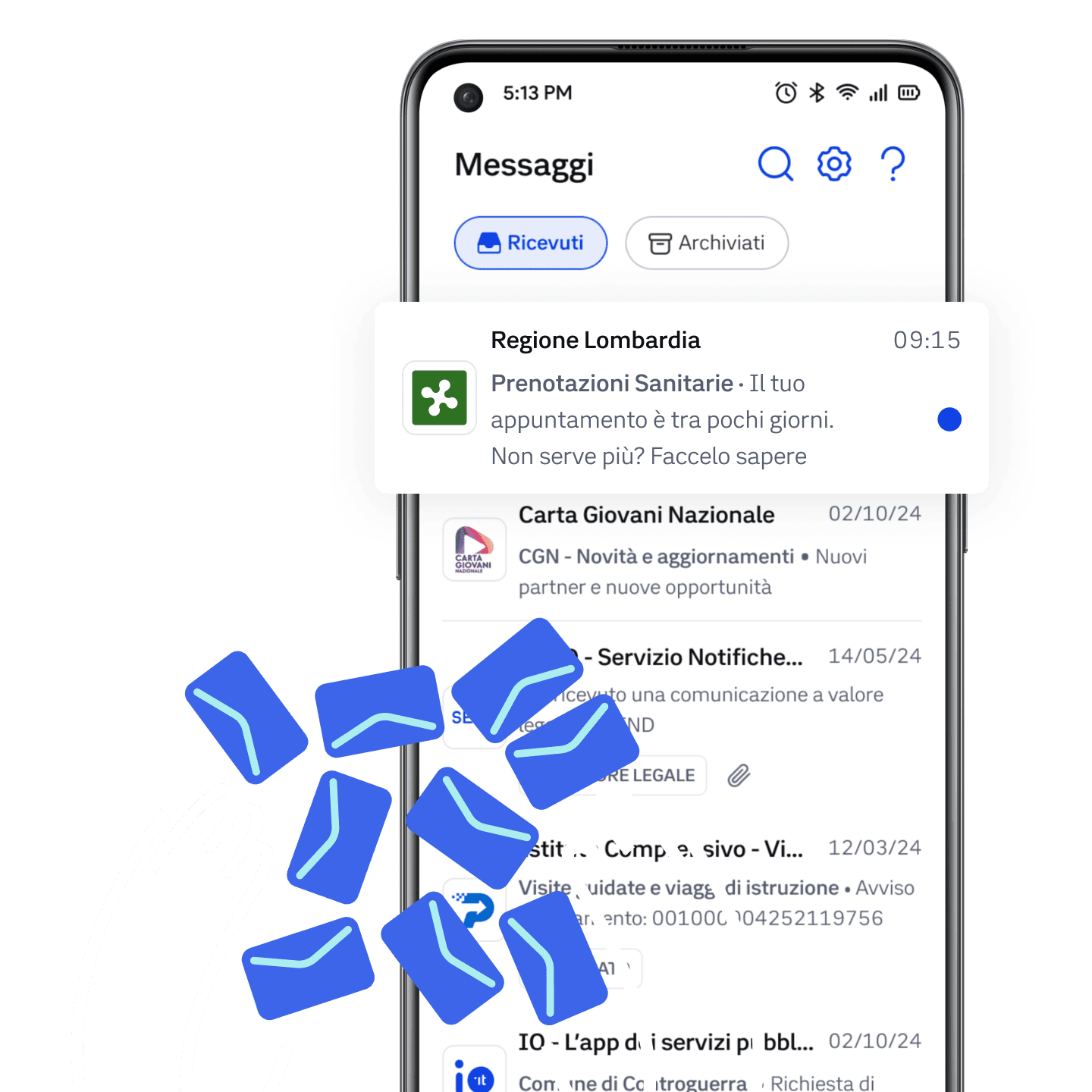 Telefono che mostra la sezione messaggi in app IO