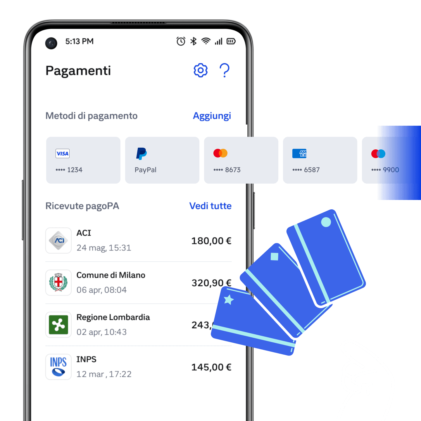 Telefono che mostra i metodi di pagamento e la lista pagamenti in app