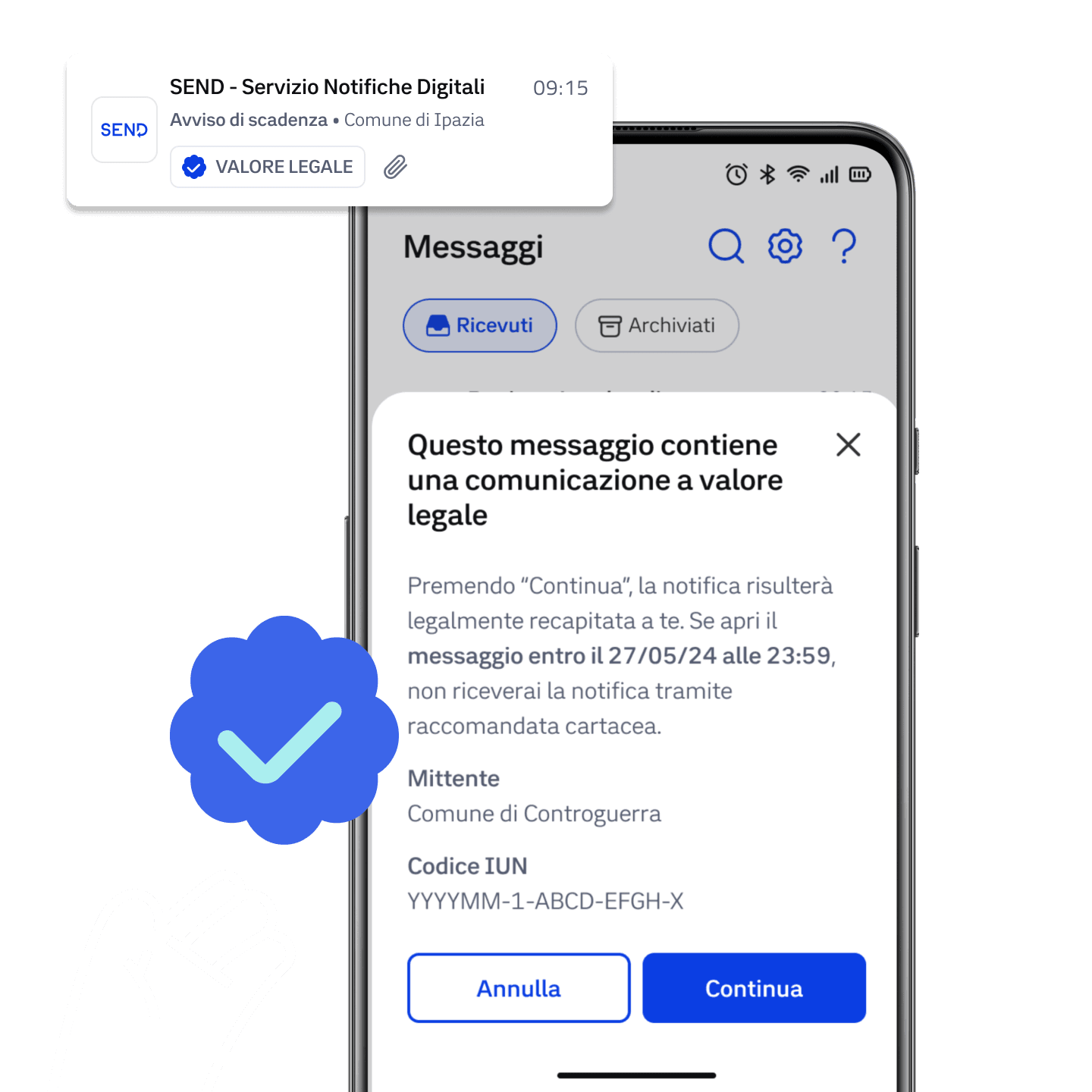Telefono che mostra la ricezione di una comunicazione a valore legale sull'app