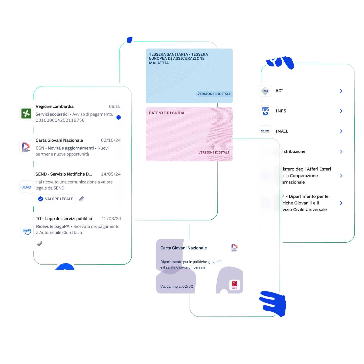 Gruppo di anteprime delle principali funzionalità dell'app IO